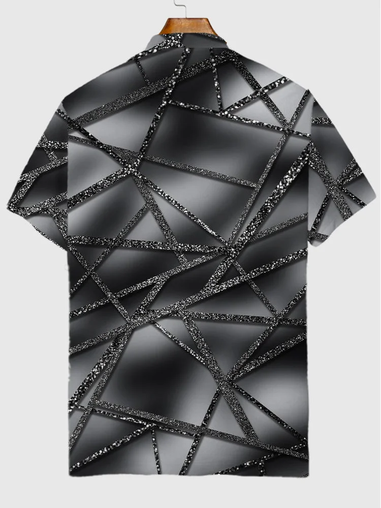 Fashion Gradient Black Background 2D Glitter Stripes Printing Short Sleeve Polo