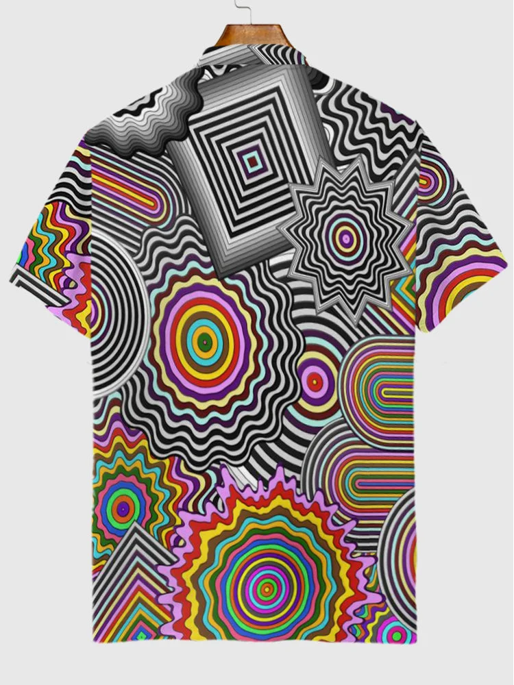Rainbow Abstract Geometric Optical Illusion Pattern Printing Short Sleeve Polo