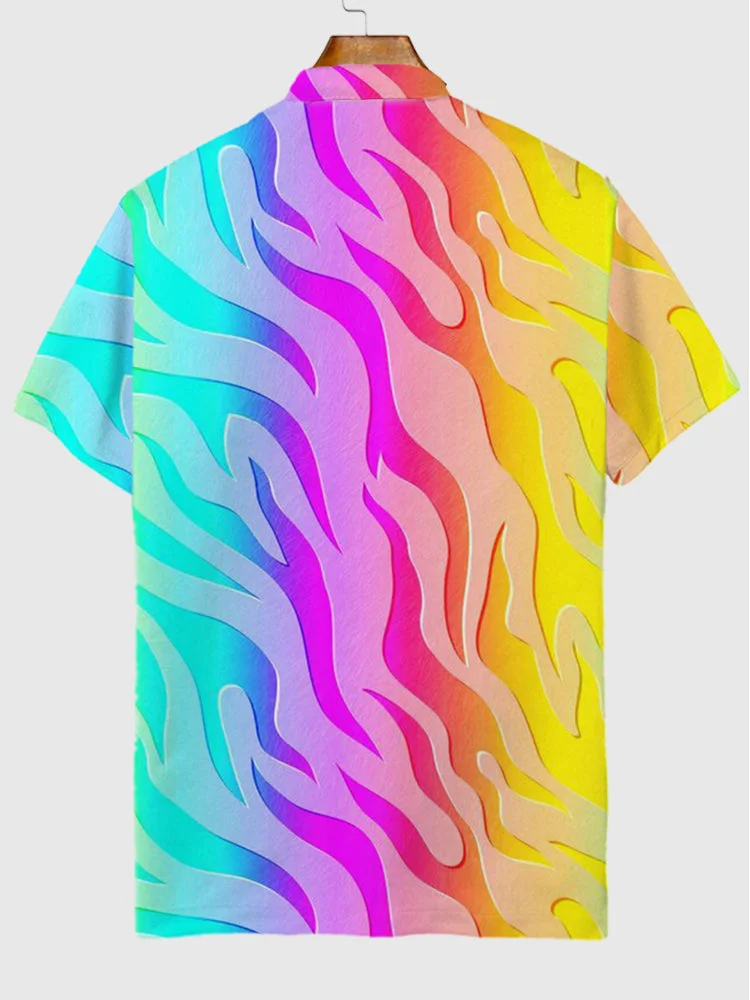 Abstract Trendy Neon Rainbow Flame Pattern Printing Short Sleeve Polo