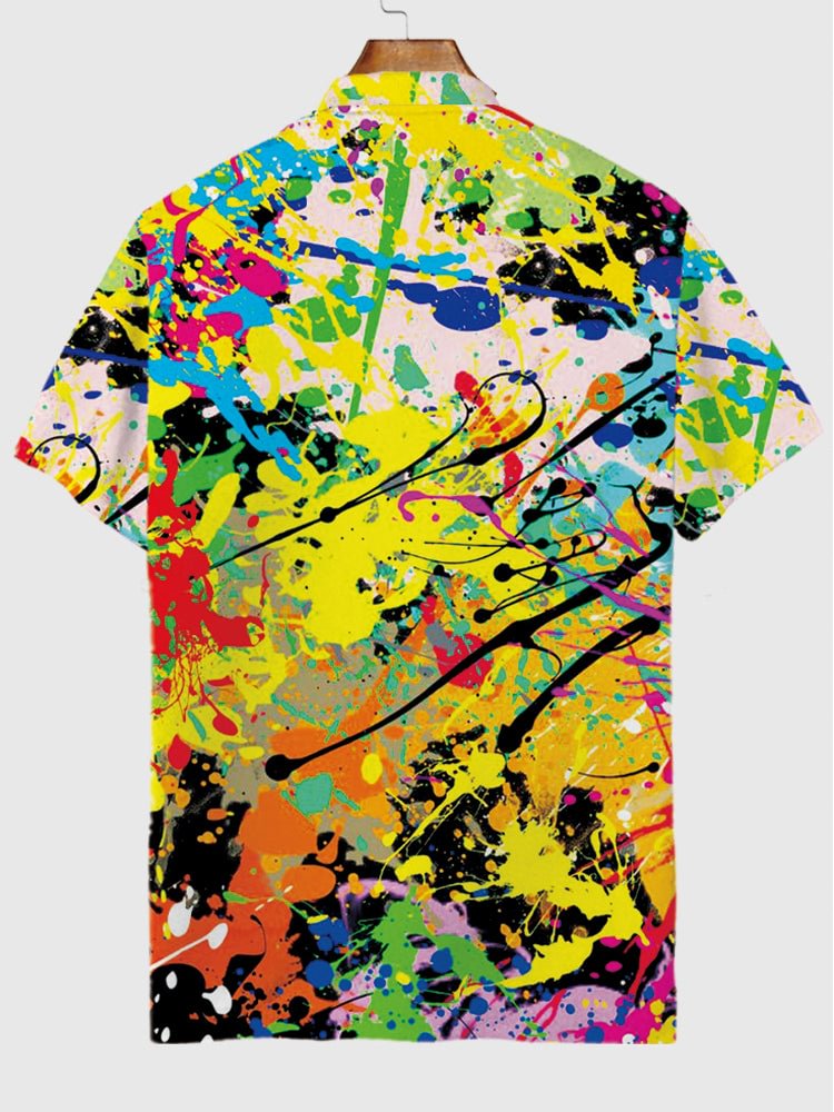 Rainbow Retro 90’s Paint Splatter Design Hawaiian Printing Short Sleeve Polo