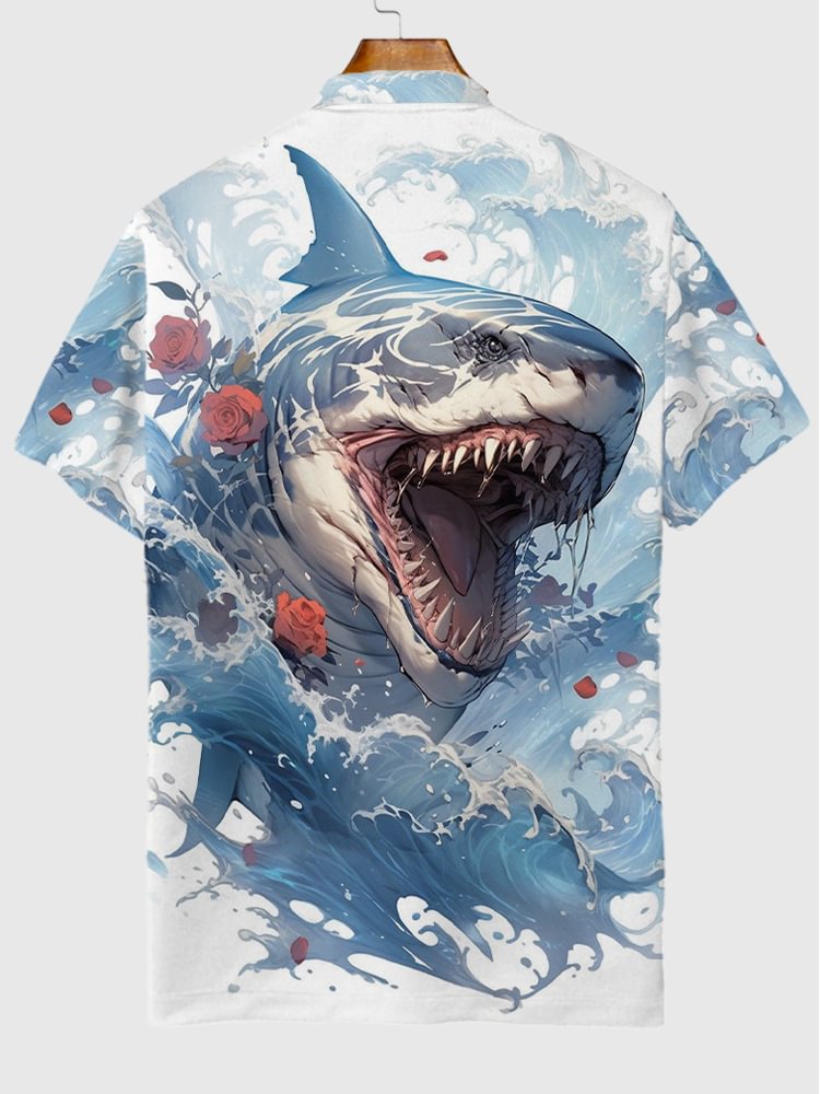 Hawaiian Sea Life Ferocious Shark Printing Short Sleeve Polo