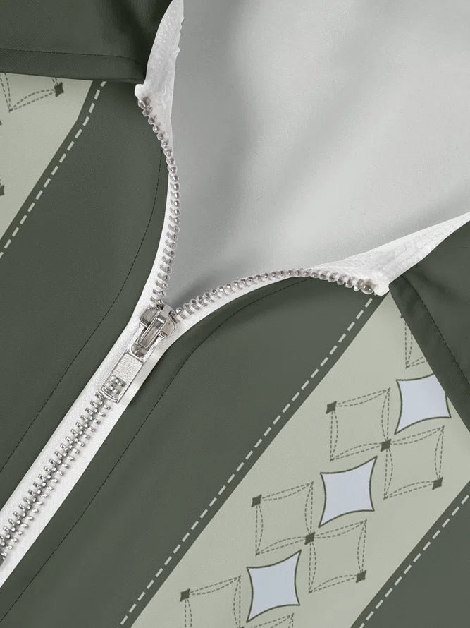 Vinage Gray And Black Stitching Geometrical Element Printing Zipper Spread Collar Short Sleeve Polo