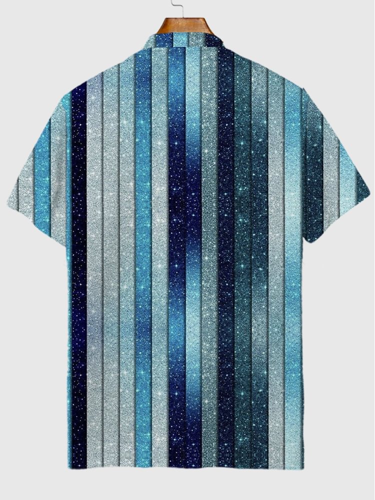 Blue Glitter Striped Pattern Printing Short Sleeve Polo