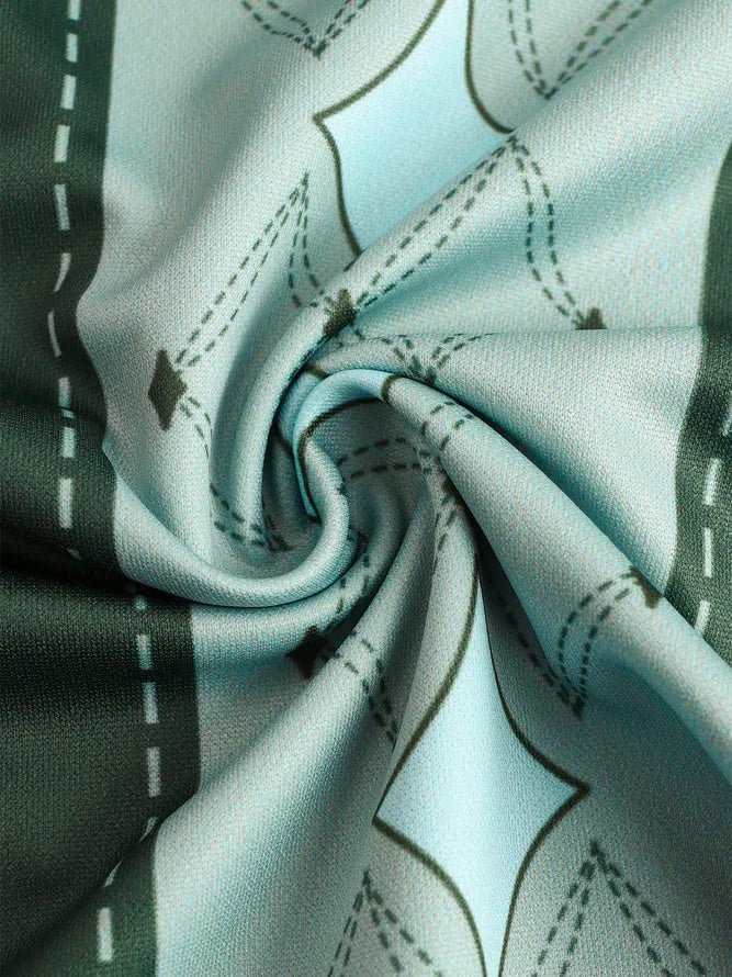 Vinage Gray And Black Stitching Geometrical Element Printing Zipper Spread Collar Short Sleeve Polo