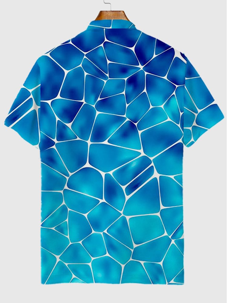 Blue Gradient Water Cube Pattern Printing Short Sleeve Polo
