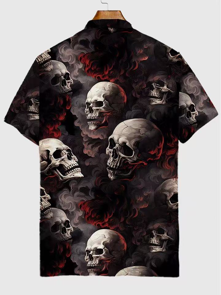 Skulls With Flames On Black Printing Short Sleeve Polo