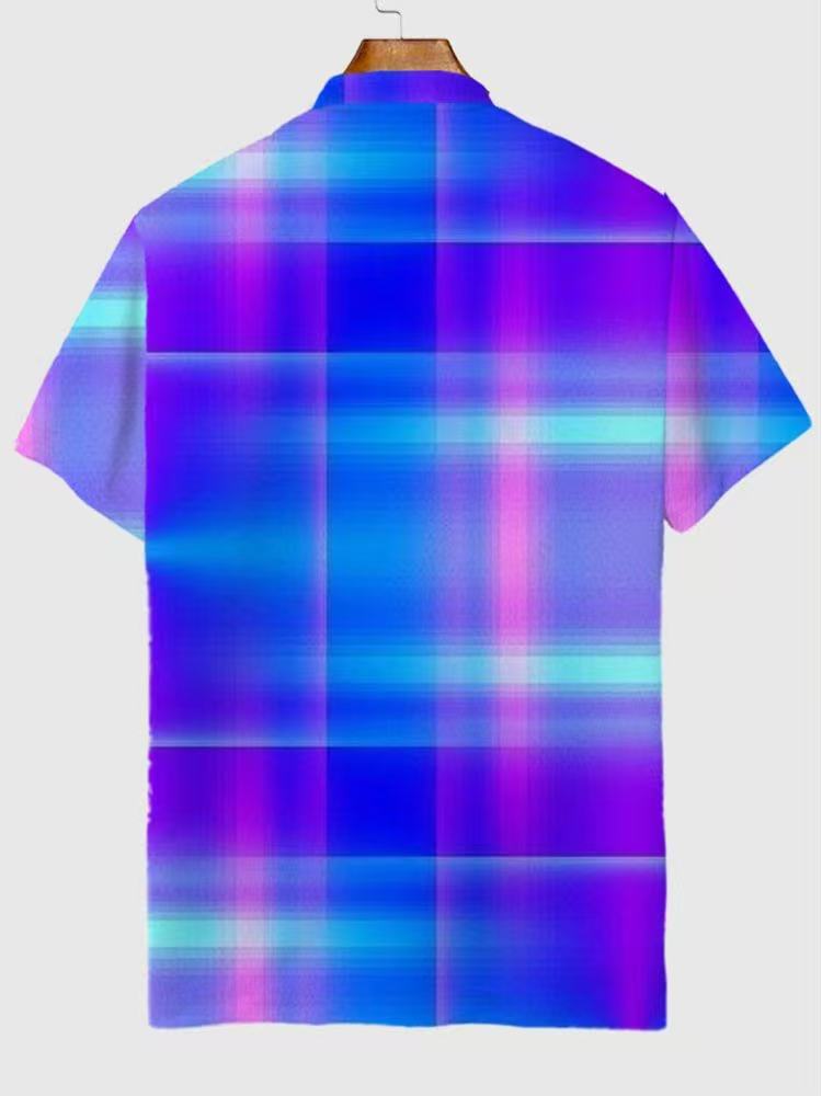 Cool Neon Blue Plaid Pattern Printing Short Sleeve Polo