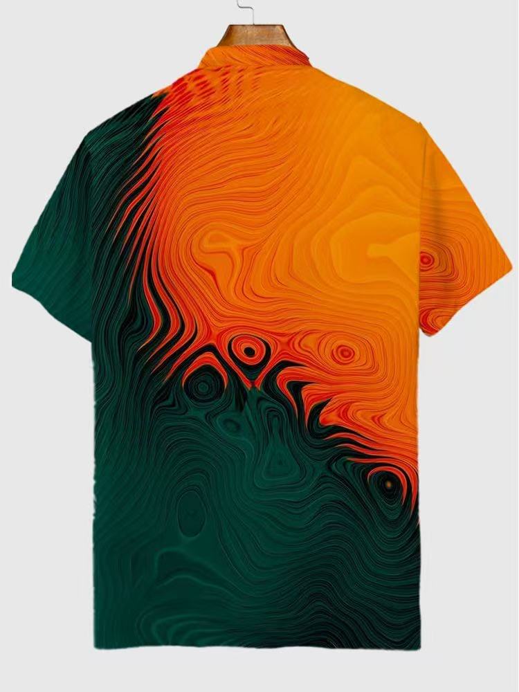 Abstract Orange And Green Gradient Marble Texture Printing Short Sleeve Polo
