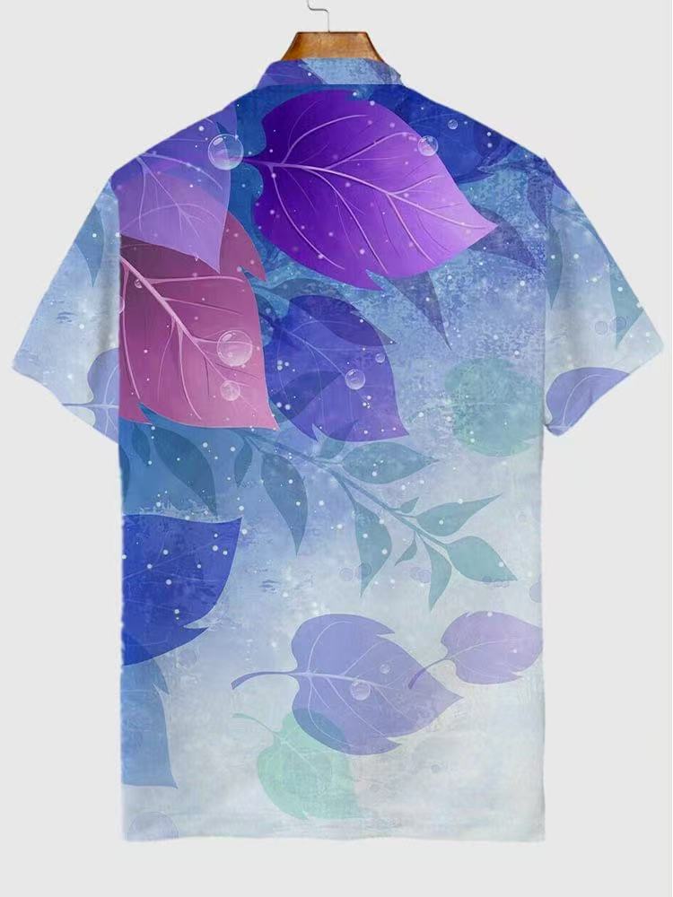 Gradient Purple Summer Casual Leaves Pattern Printing Short Sleeve Polo