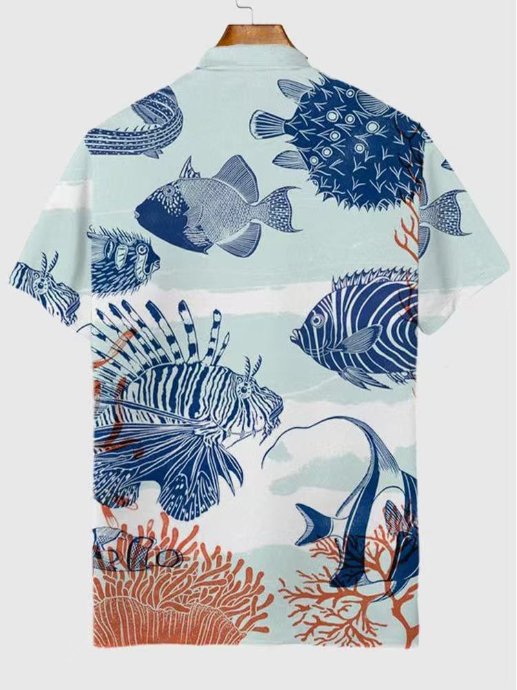 Blue Deep Sea Fish Cartoon Pattern Printing Short Sleeve Polo