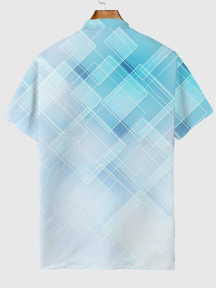 Business Style Blue Gradient Abstract Geometric Pattern Printing Short Sleeve Polo