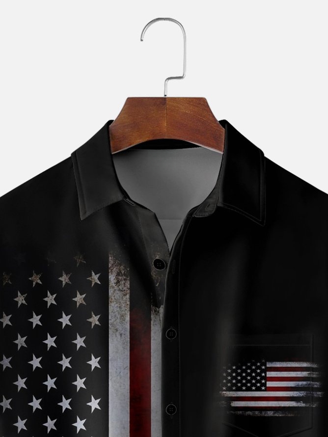 Tall Size Moisture-wicking American Flag Chest Pocket Short Sleeve Casual Shirt