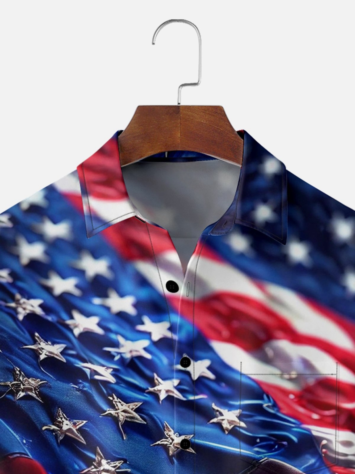Moisture-Wicking Metallic American Flag Chest Pocket Hawaiian Shirt