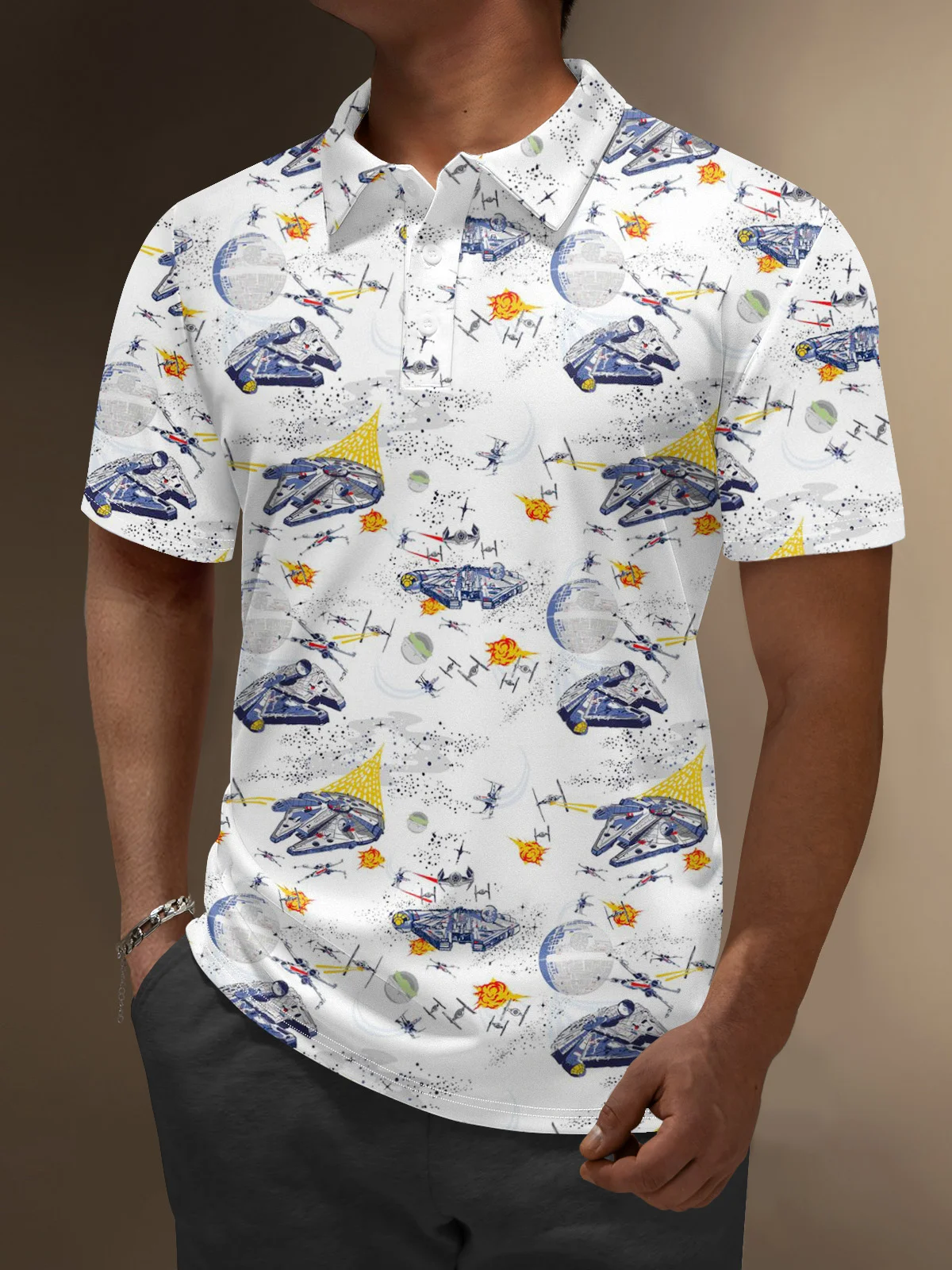 Moisture Wicking Star Spaceship Planet Golf Polo