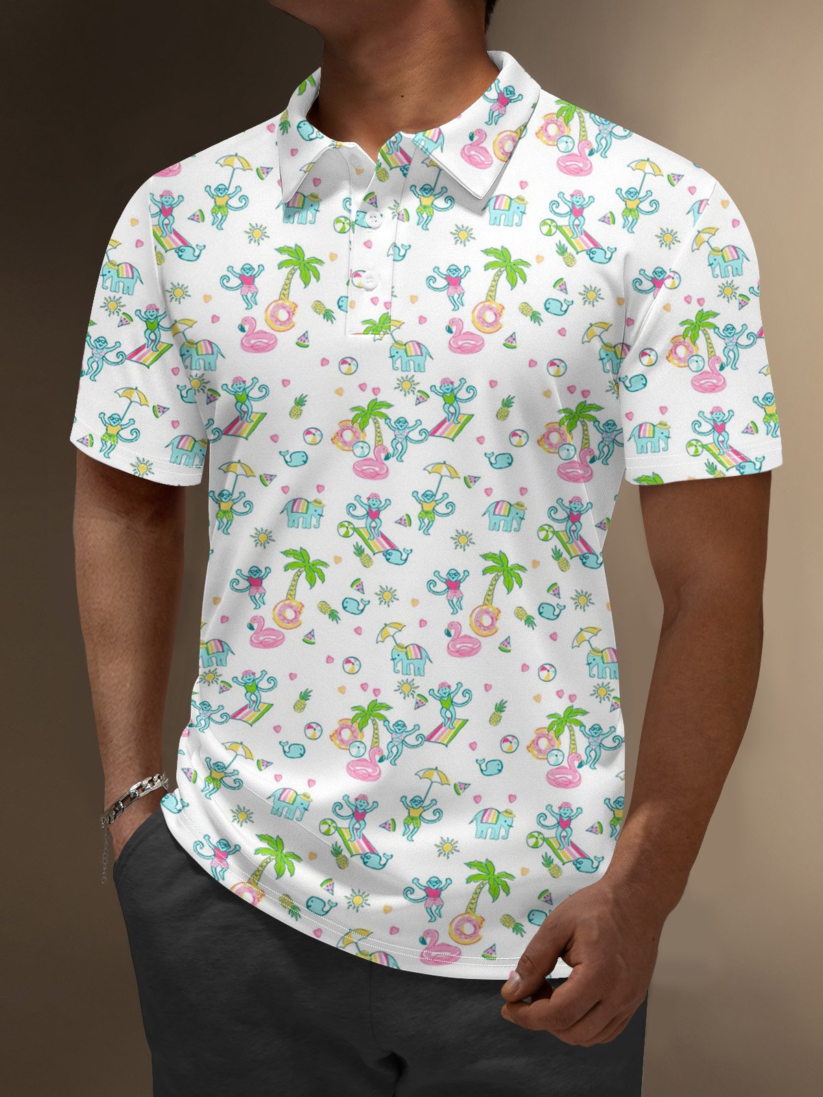 Moisture Wicking Hawaii Monkey Pineapple Coconut Tree Golf Polo
