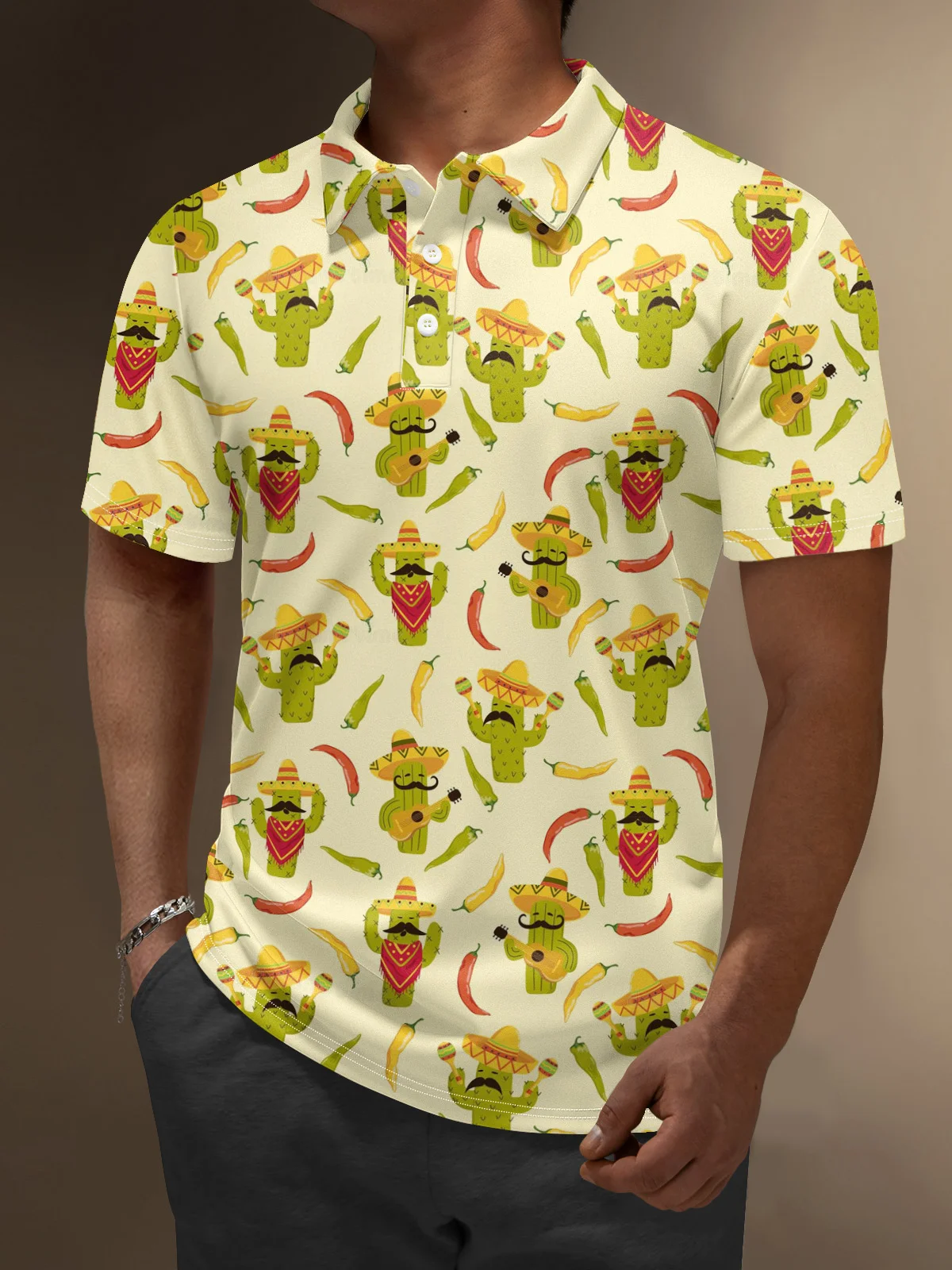 Moisture Wicking Cinco de Mayo Cactus Chili Guitar Golf Polo