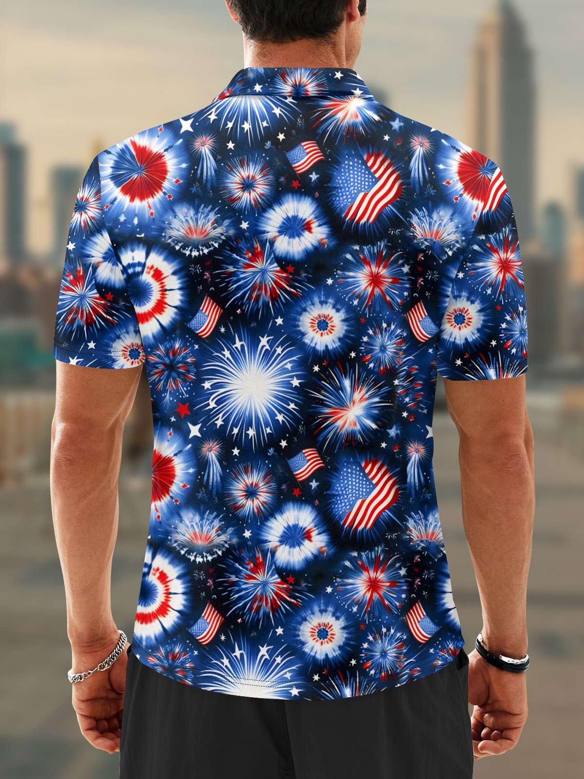 Moisture Wicking Independence Day American Flag Fireworks Golf Polo