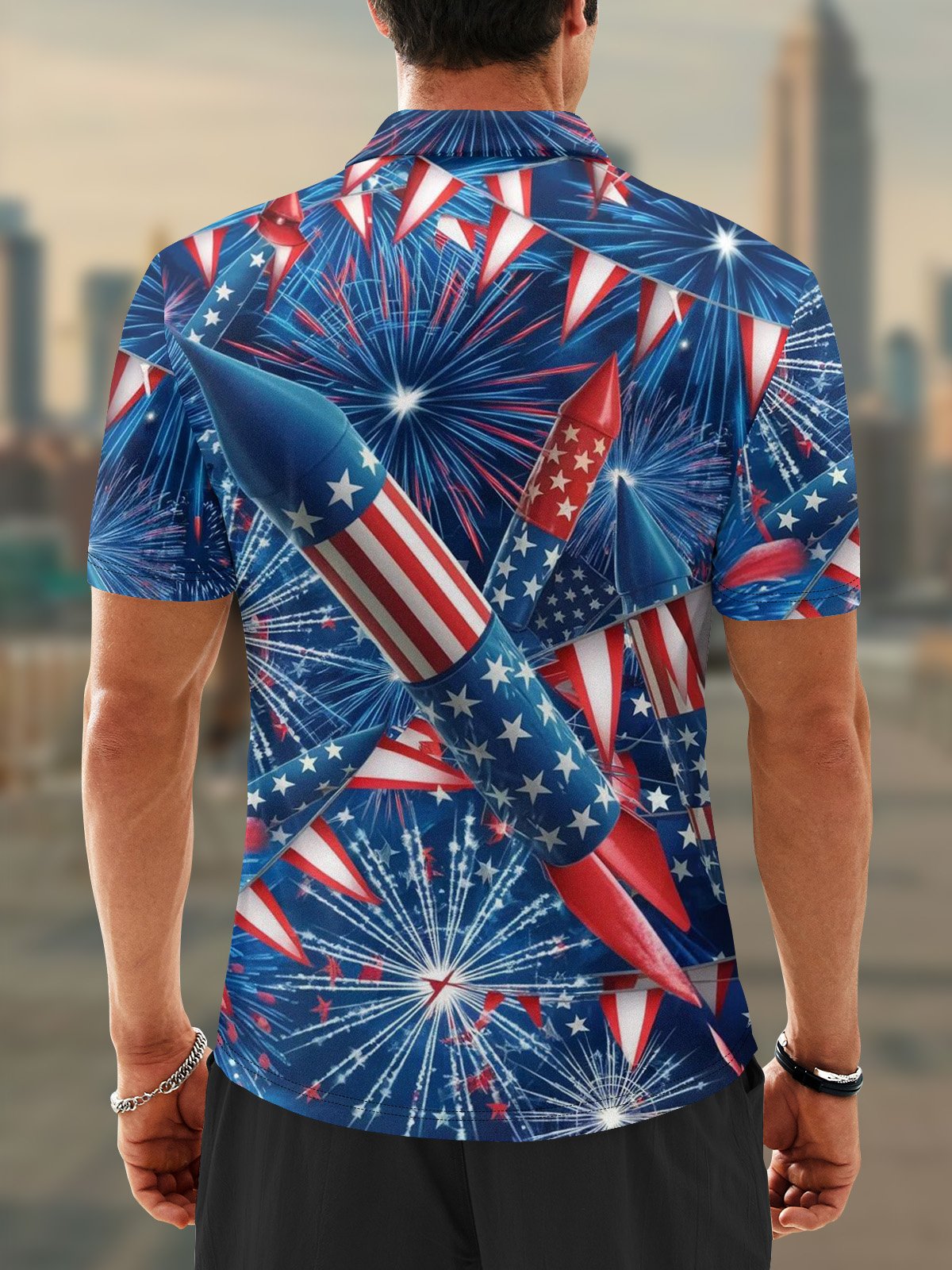 Moisture Wicking Independence Day American Flag Fireworks Golf Polo