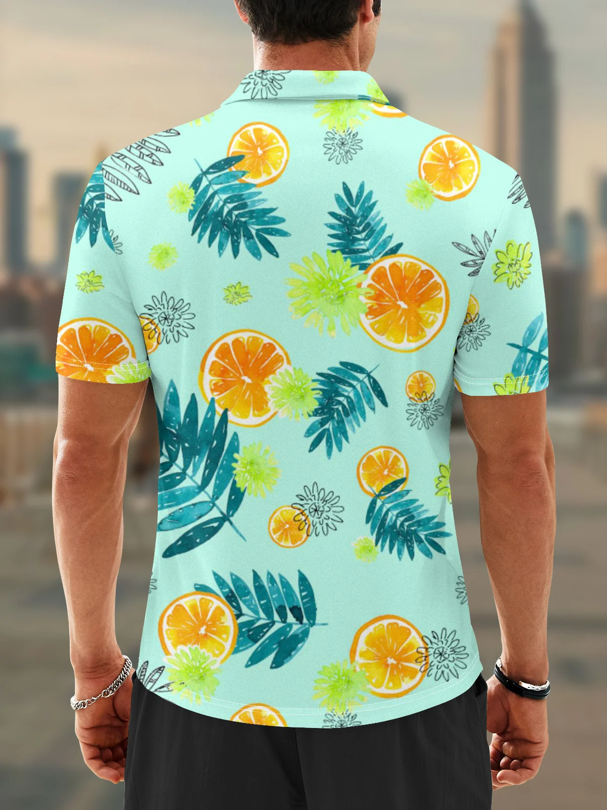 Moisture Wicking Hawaiian Orange Flowers Palm Leaf Golf Polo