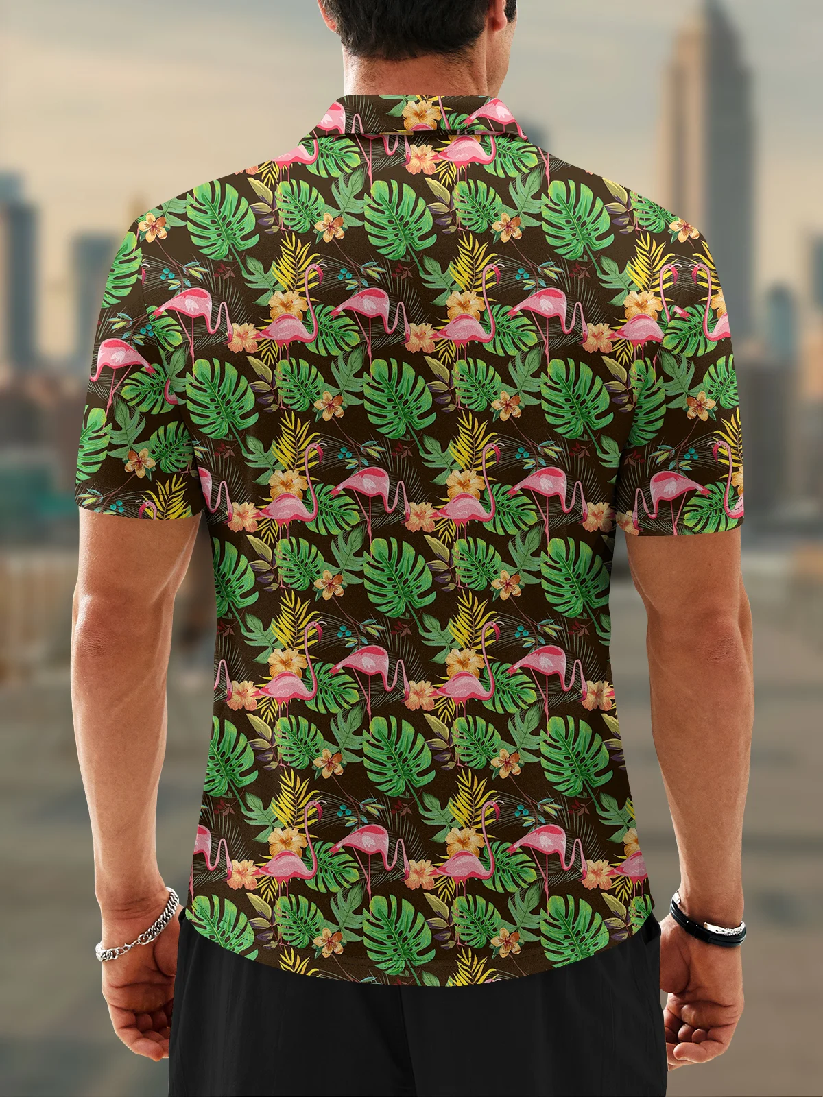 Moisture Wicking Tropical Plants Palm Leaves Flamingo Short Sleeve Golf Polo