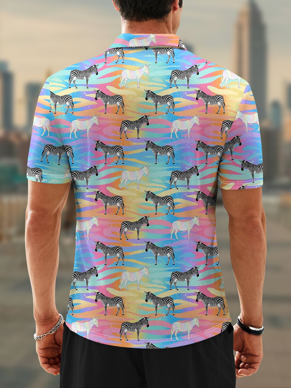 Moisture Wicking Rainbow Gradient Zebra Short Sleeve Golf Polo
