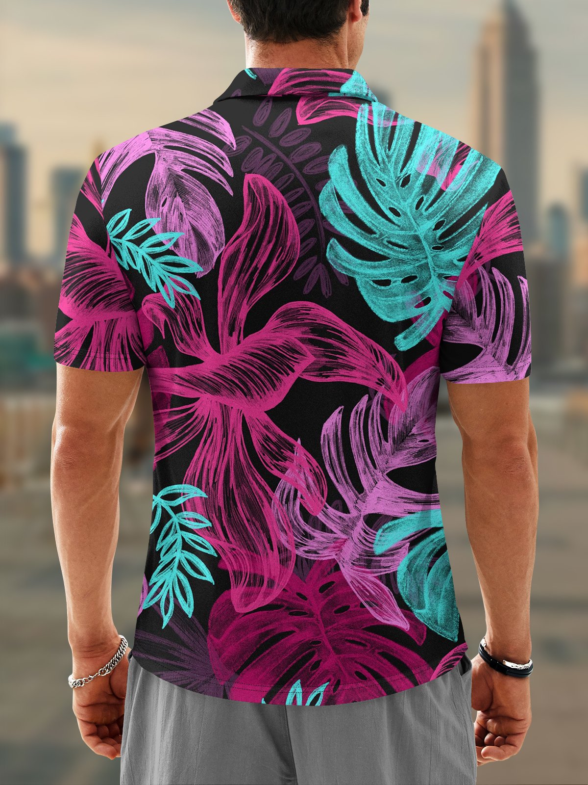 Moisture Wicking Tropical Plants Leaves Short Sleeve Golf Polo