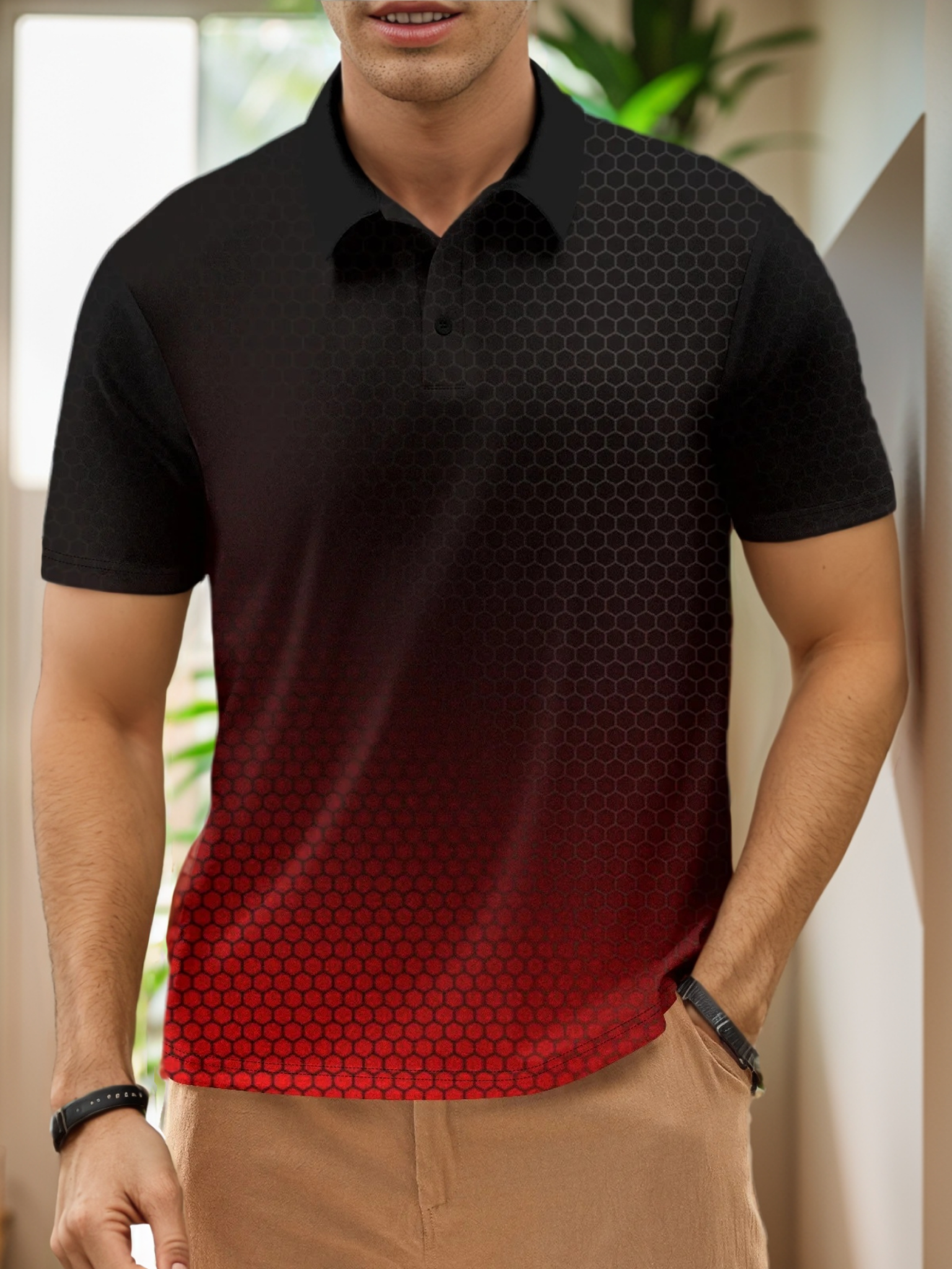 Gradient Color Button Short Sleeve Polo Shirt