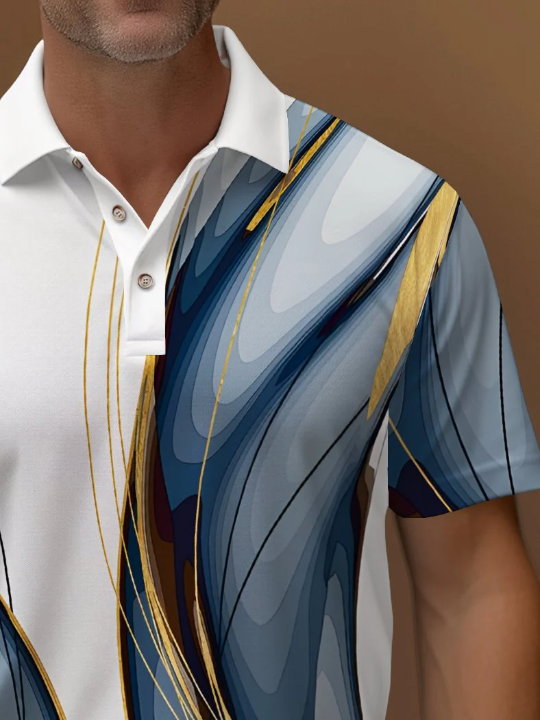 Vintage Gradient Line Art Print Polo Shirt Stretch Comfortable Camping Pullover Polo Shirt