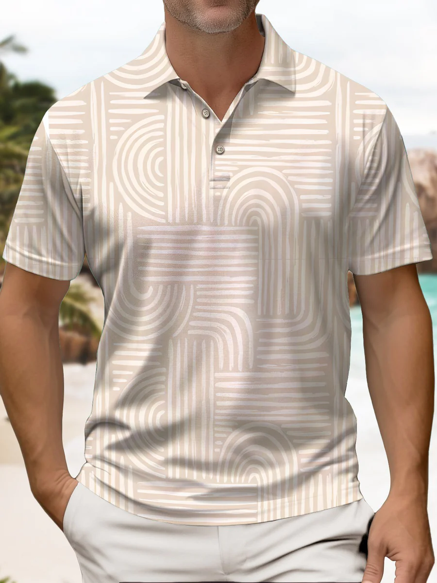 Hawaiian Casual Geometric Texture Painting Art Buttons Large Size Long Polyester Polo Shirt