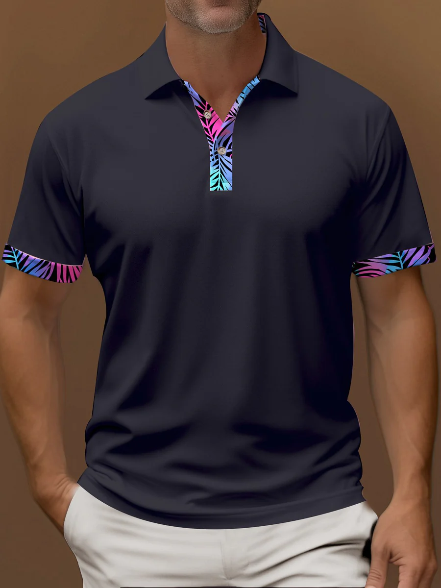 Contrast Color Business Casual Print Art Summer Short Sleeve Stretch Men's Polo Shirt