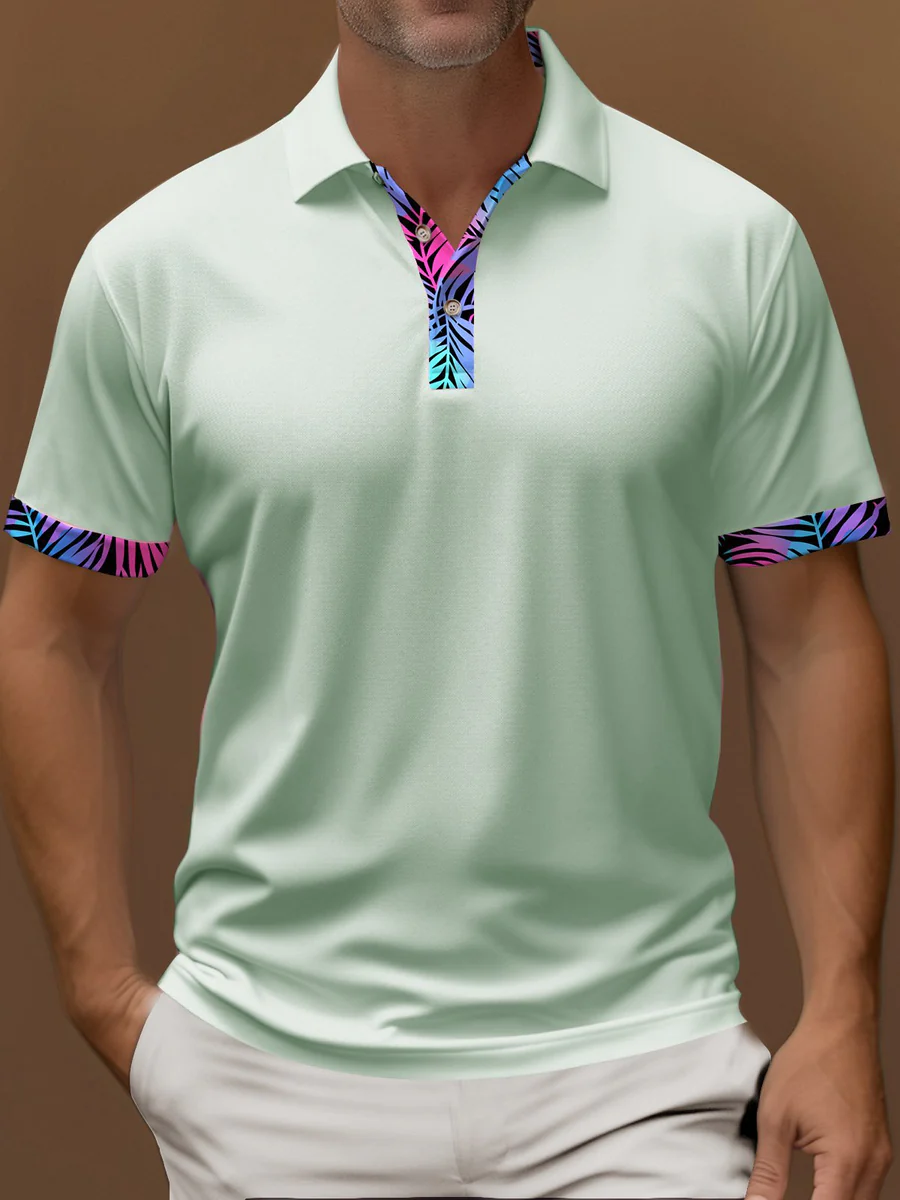Contrast Color Business Casual Print Art Summer Short Sleeve Stretch Men's Polo Shirt