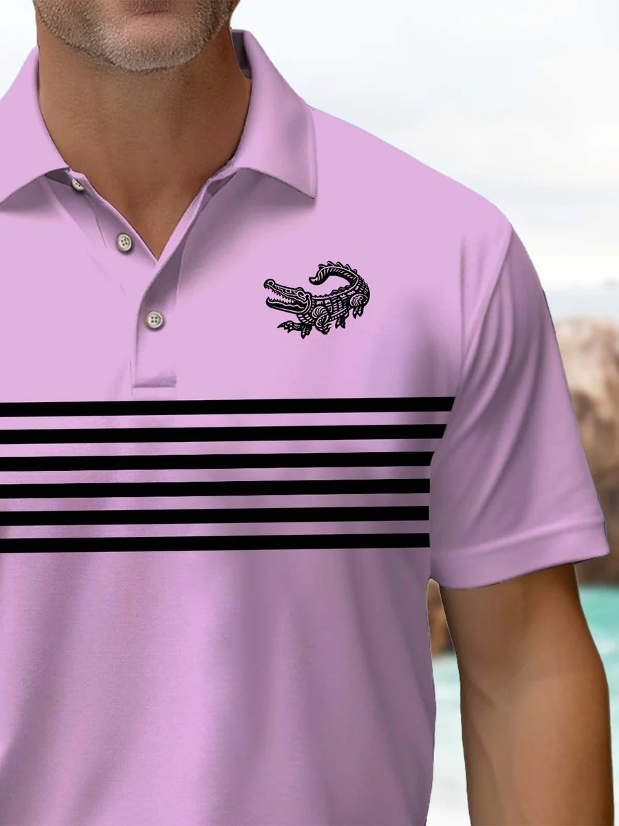 Business Casual Striped Crocodile Print Art Stretch Men's Short Sleeve Polo