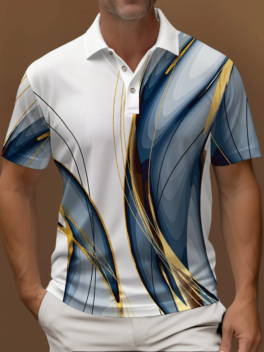 Vintage Gradient Line Art Print Polo Shirt Stretch Comfortable Camping Pullover Polo Shirt