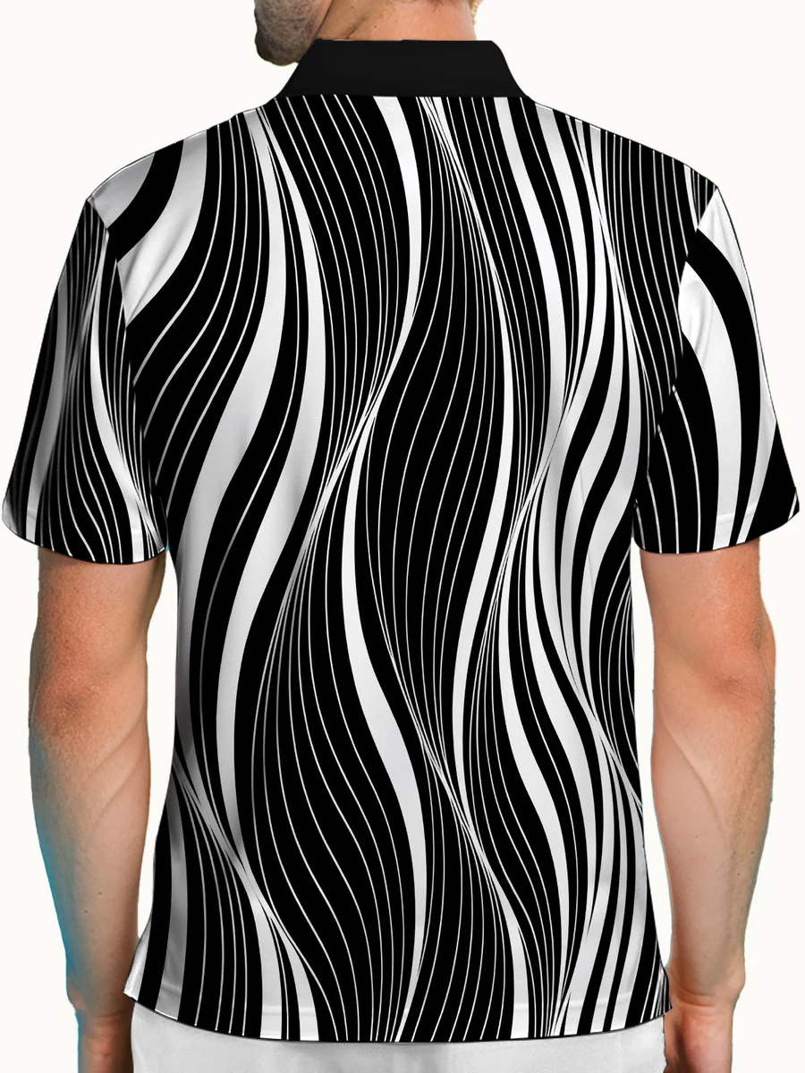 Retro Creative Art Stripe Print Men's Button Short Sleeve Polo Shirt