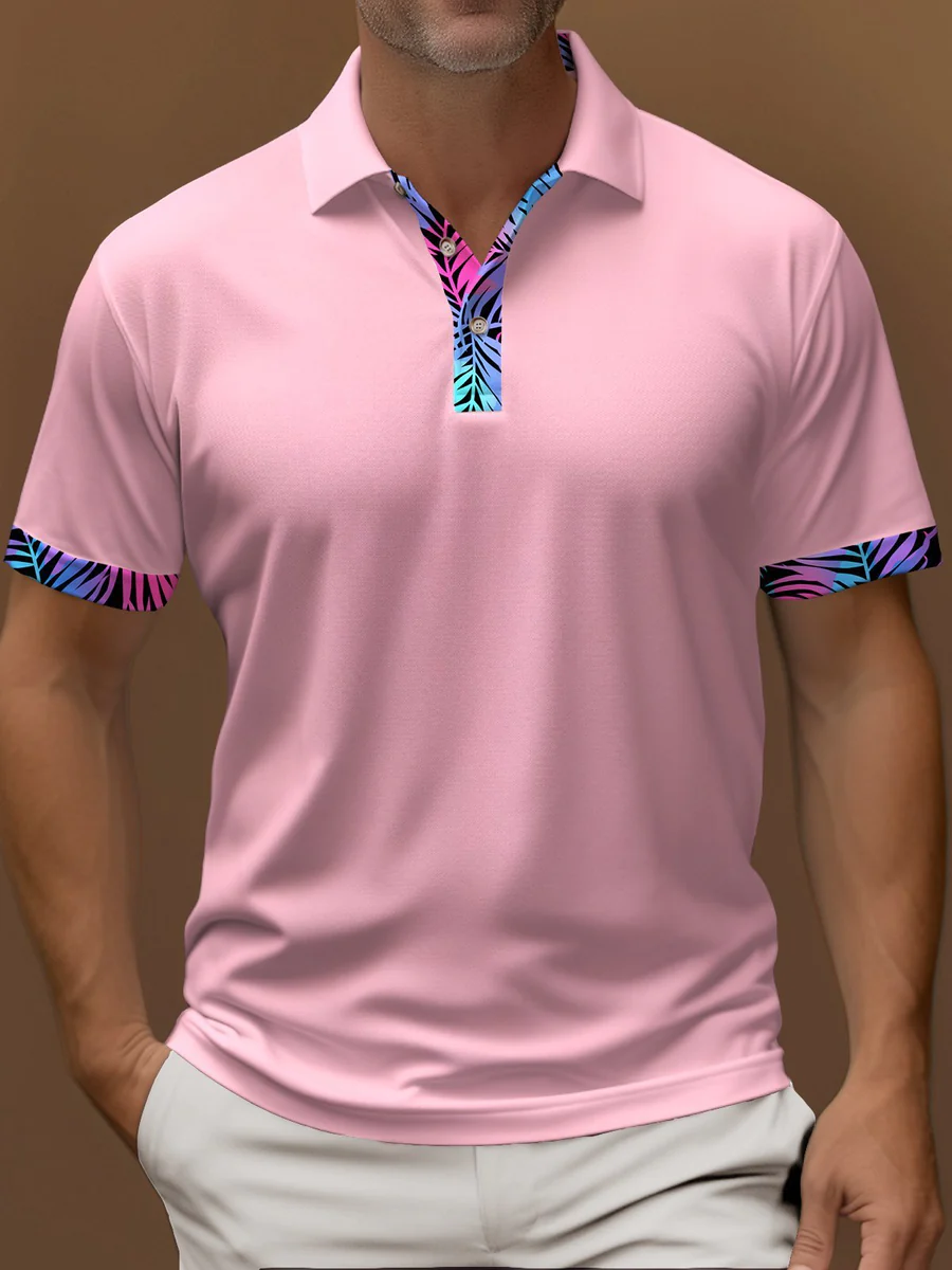 Contrast Color Business Casual Print Art Summer Short Sleeve Stretch Men's Polo Shirt