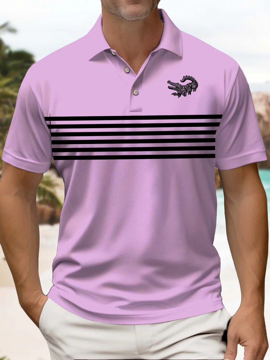 Business Casual Striped Crocodile Print Art Stretch Men's Short Sleeve Polo
