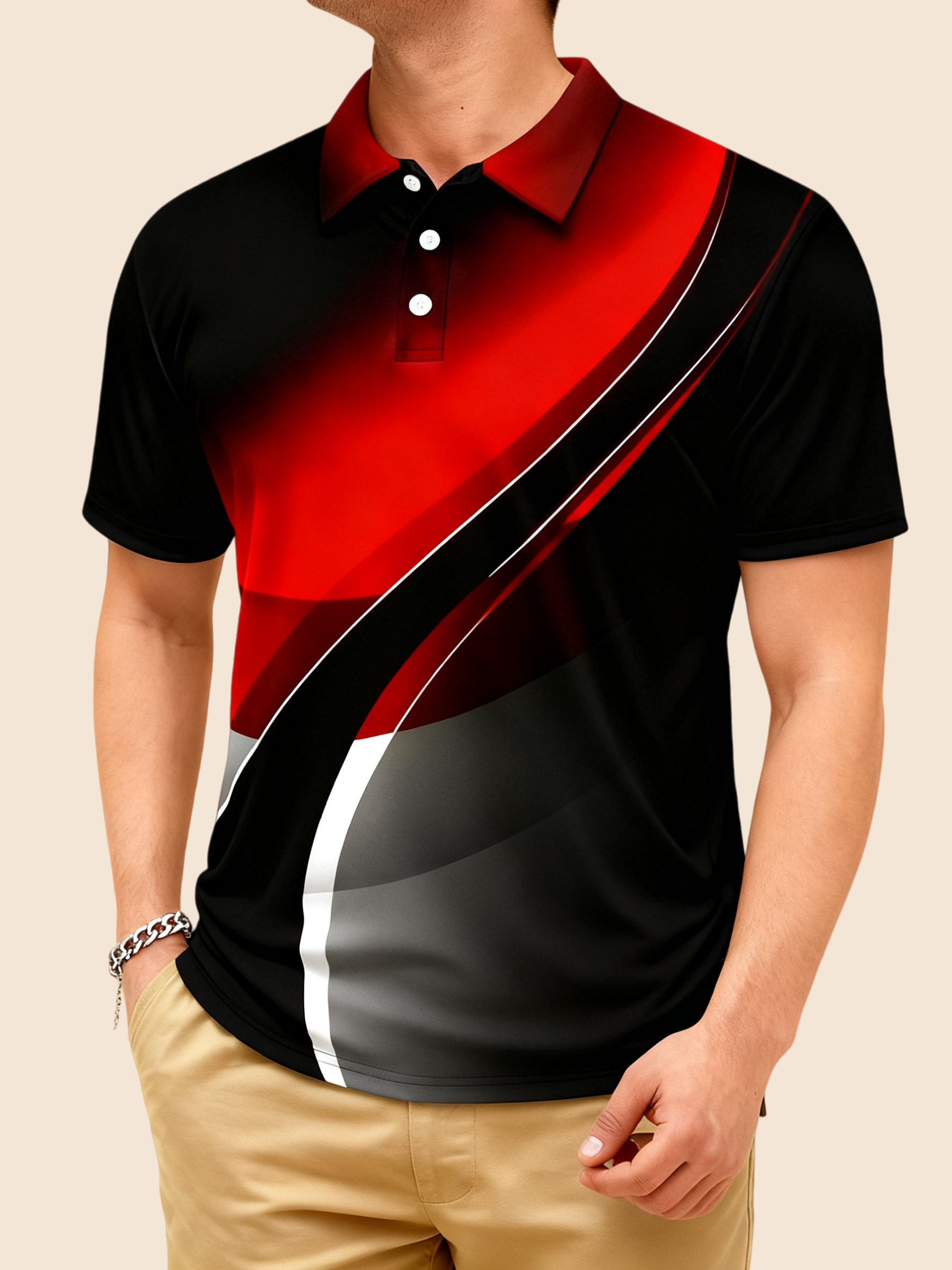 Ombre Abstract Geometric Button Short Sleeve Polo Shirt