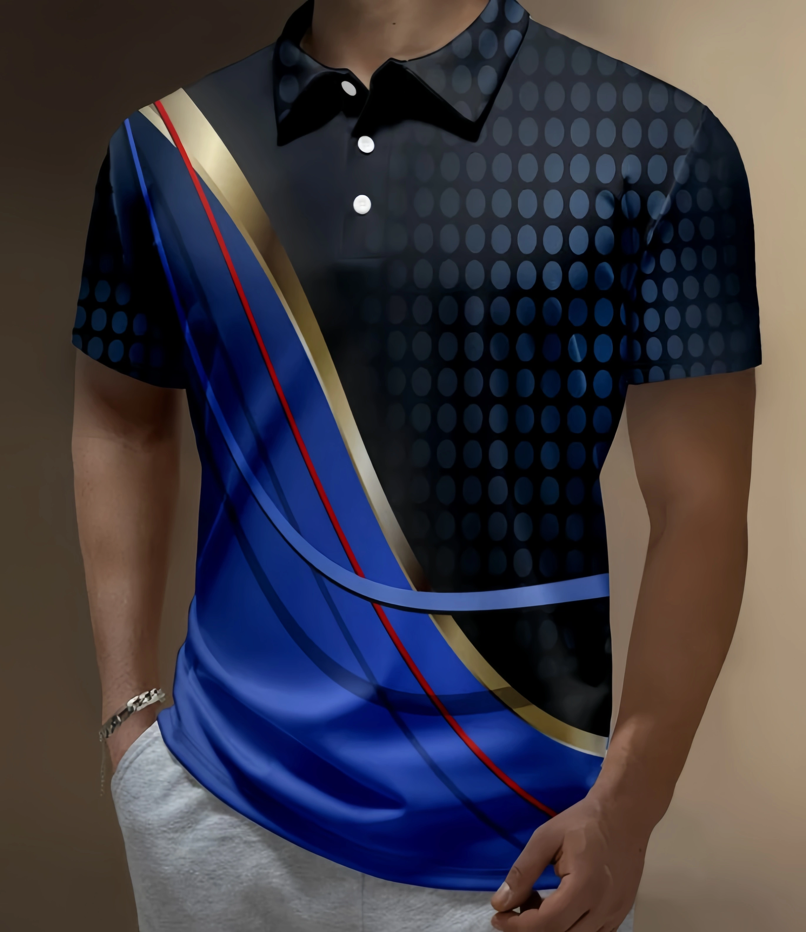 3D Ombre Abstract Geometric Button Short Sleeve Polo Shirt