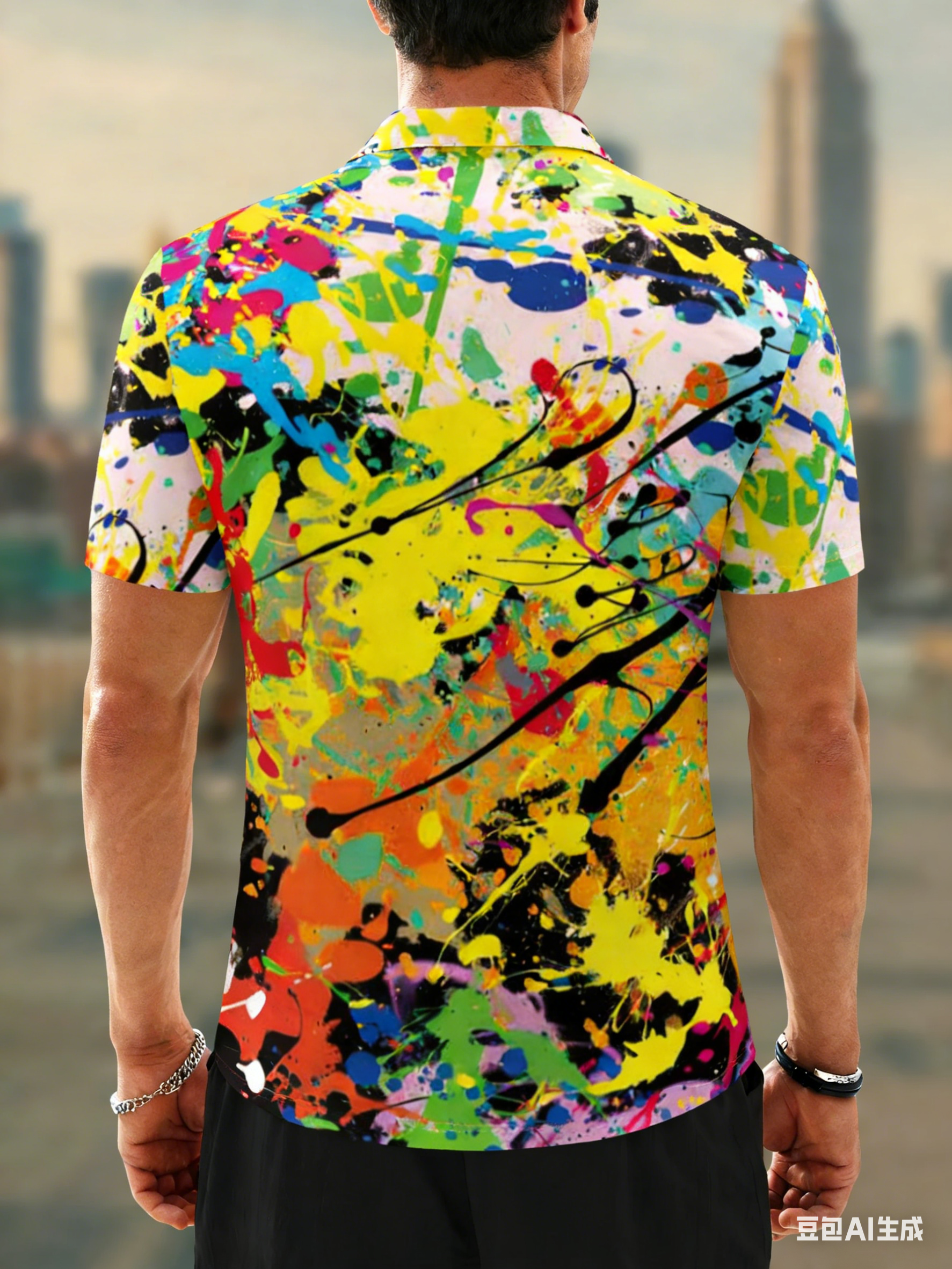 Rainbow Retro 90’s Paint Splatter Design Hawaiian Printing Short Sleeve Polo
