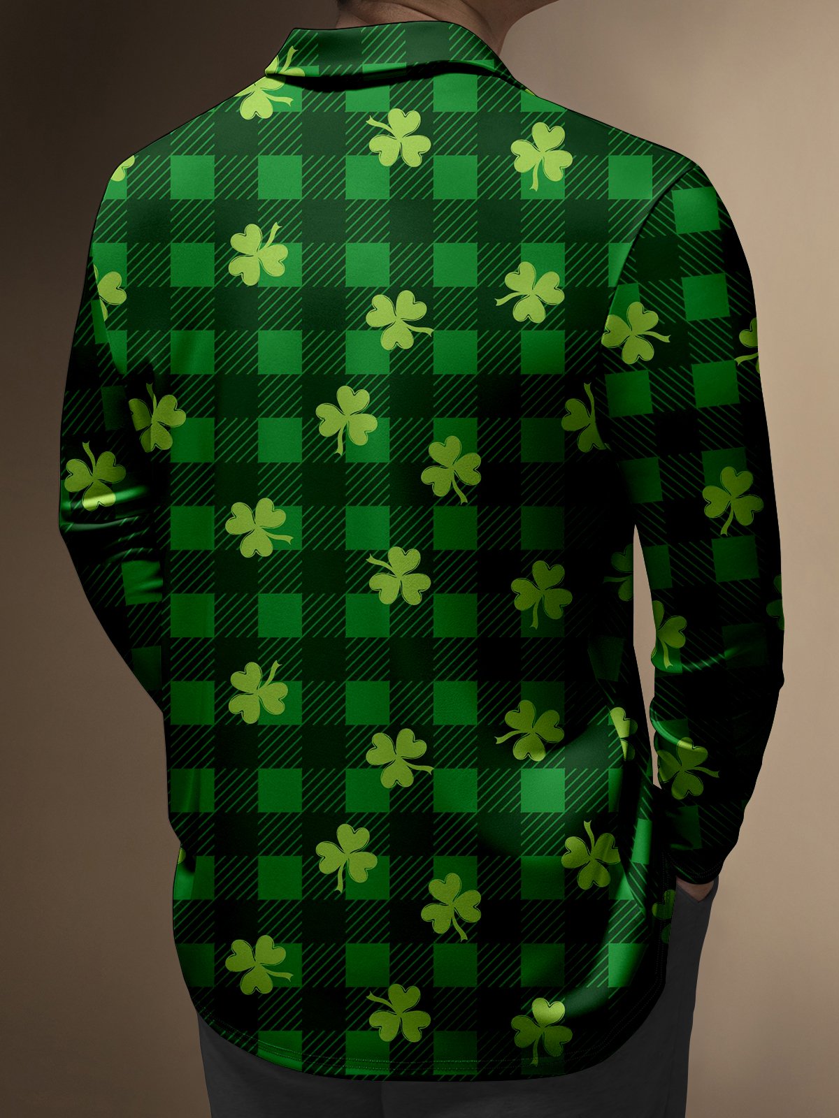 Moisture Wicking, St. Patrick's Day Shamrock Checkered Long Sleeve Golf Polo