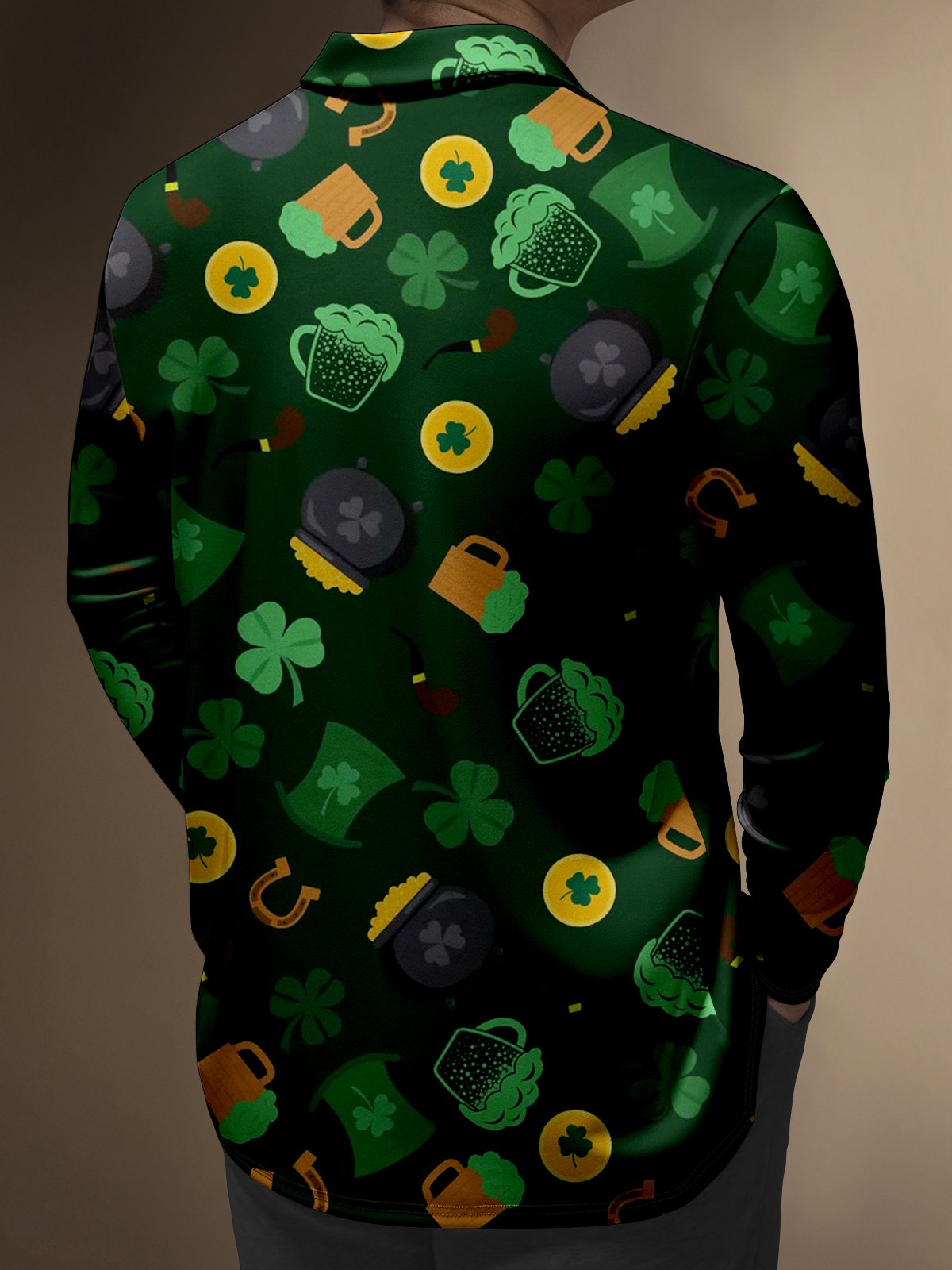 Moisture Wicking St. Patrick's Day Four-Leaf Clover Gradient Colors Gold Coins Beer Long Sleeve Golf Polo
