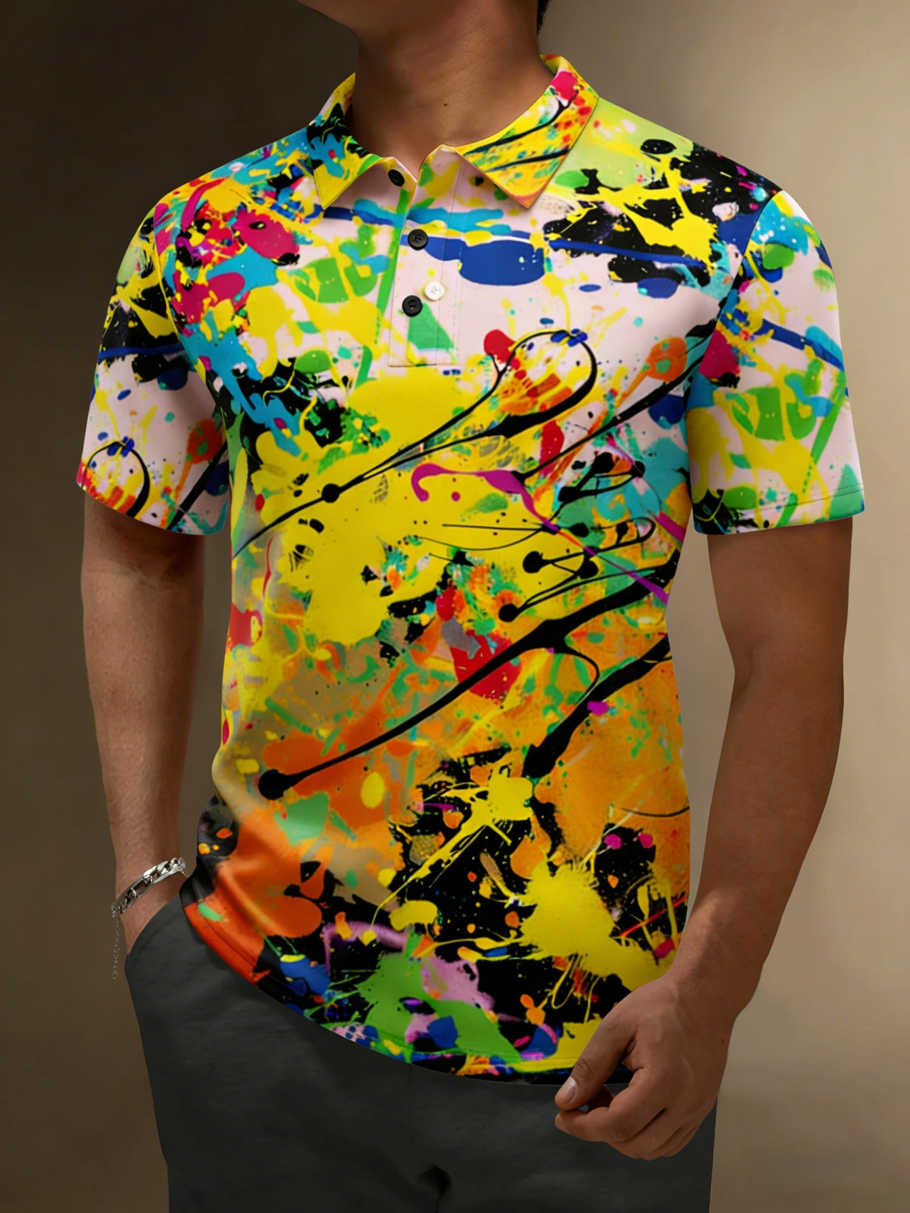 Rainbow Retro 90’s Paint Splatter Design Hawaiian Printing Short Sleeve Polo