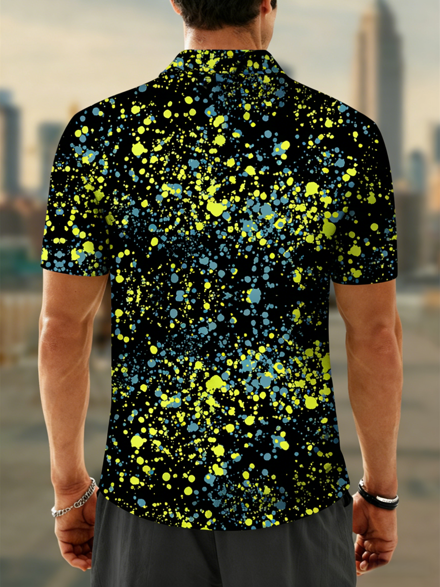 Men's blue and yellow paint splashes golf polo