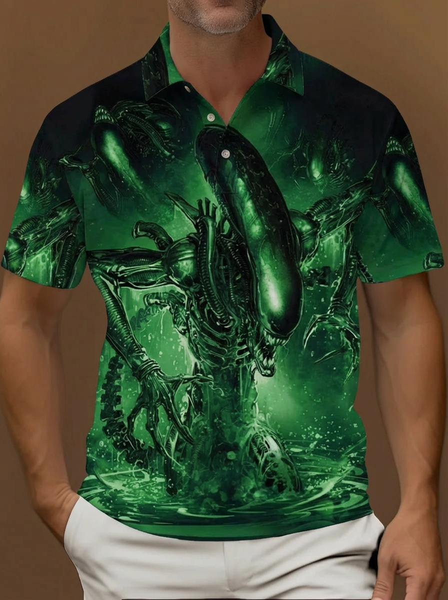 Green Sci-Fi Alien World Alien Creature And Chains Printing Short Sleeve Polo