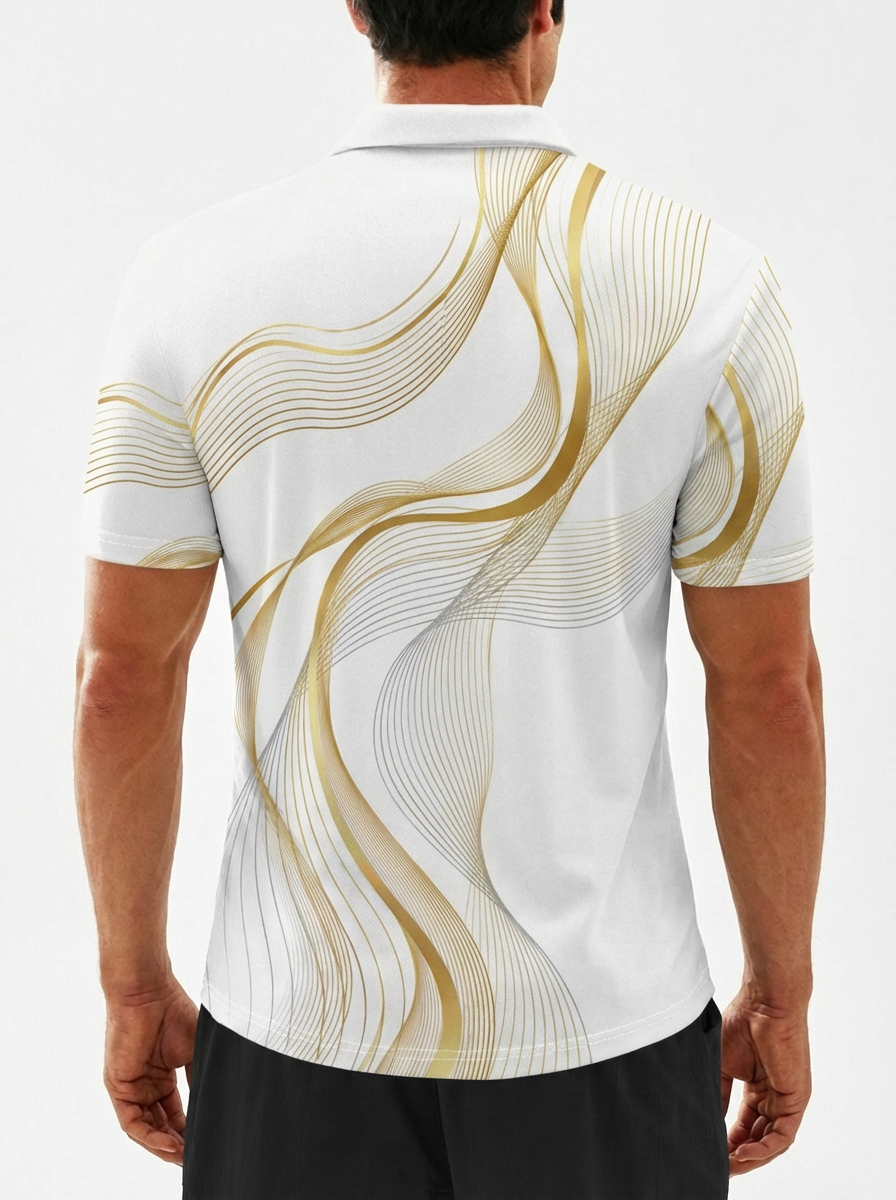 Moisture-wicking Gold Wave Line Button Short Sleeve Golf Polo Shirt