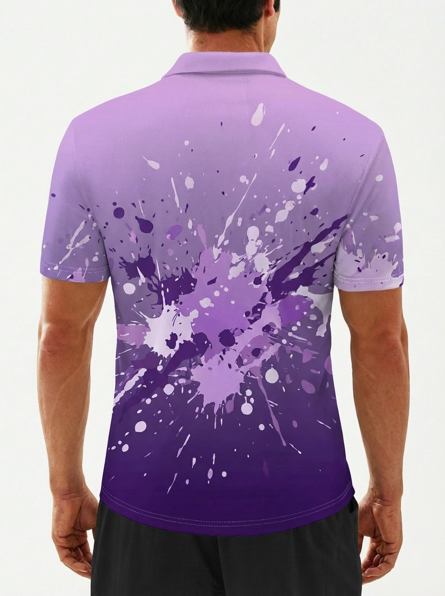 Gradient Purple Paint Splash Button Short Sleeve Vacation Polo Shirt