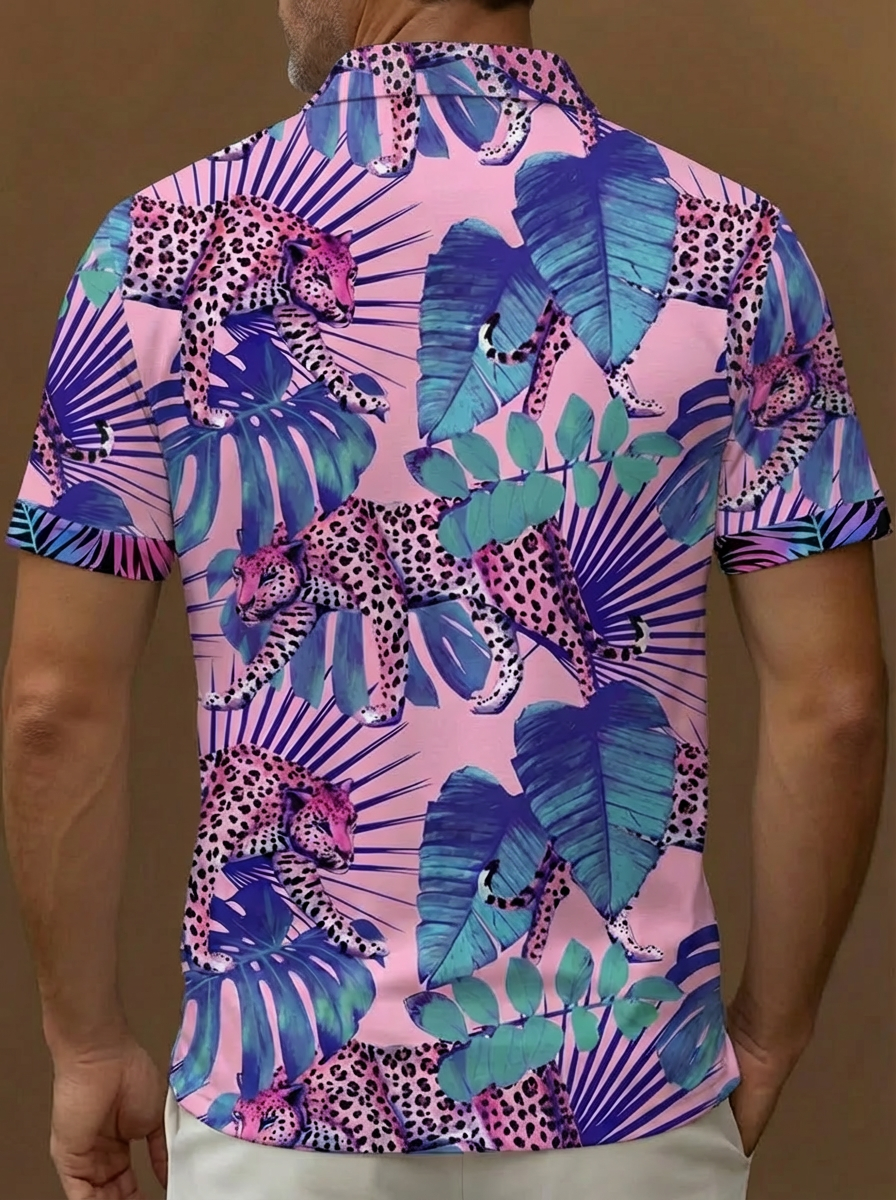Hawaiian Pink Wild Cheetahs And Leaves Patterns Printing Short Sleeve Polo