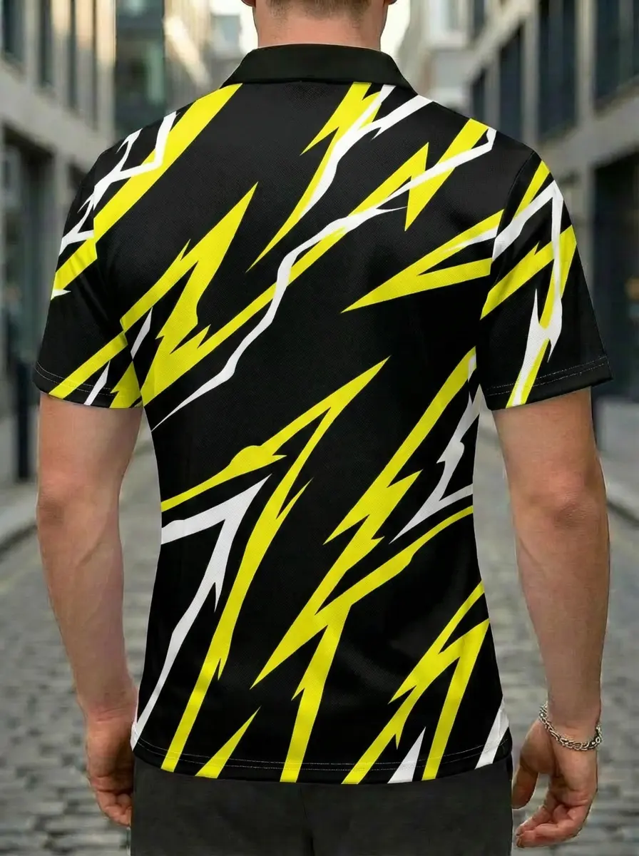 Moisture-wicking Yellow White Lightning Stripe Button Short Sleeve Golf Polo Shirt