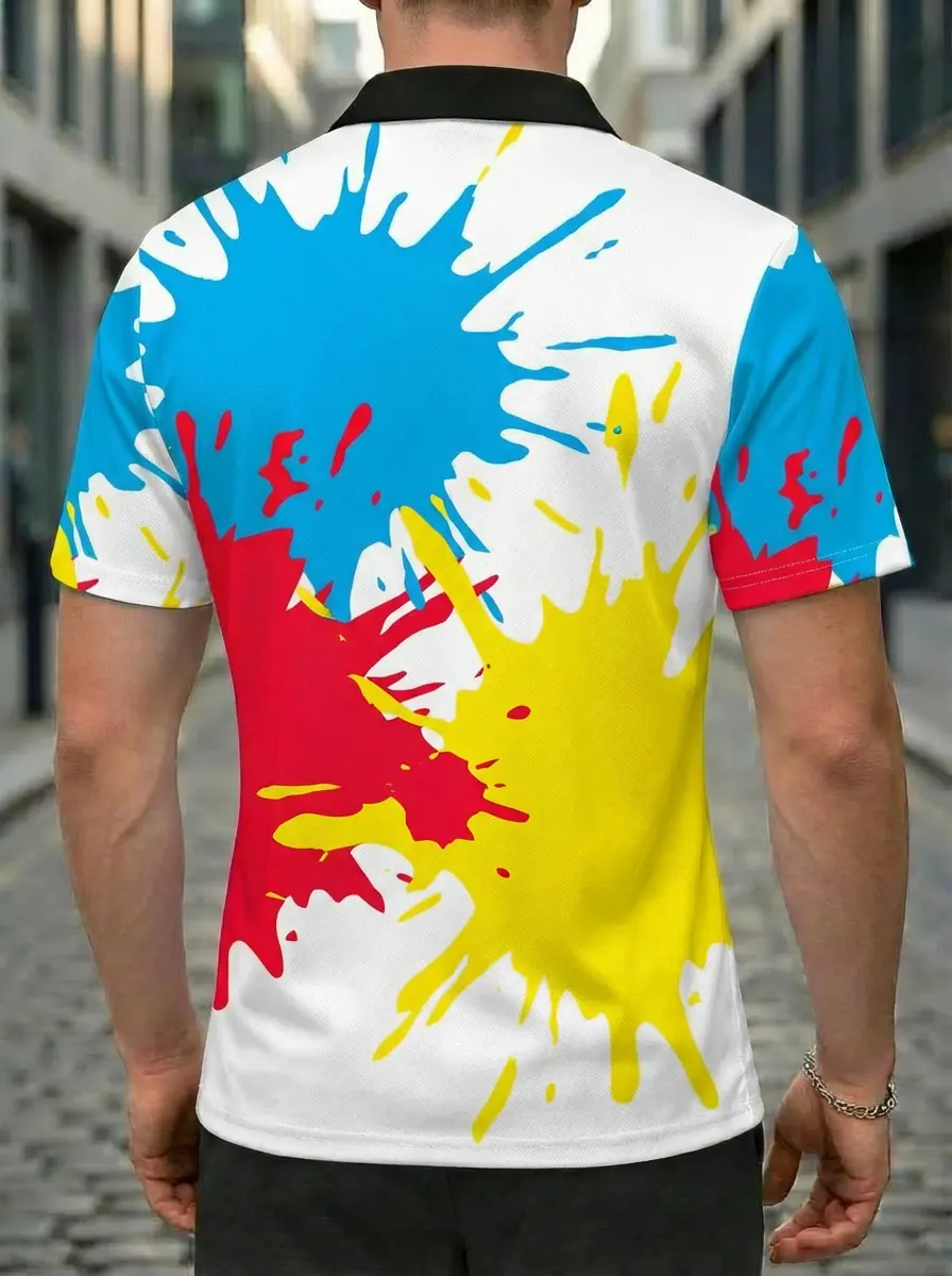 Moisture-wicking Red Yellow Blue Paint Splash Button Short Sleeve Golf Polo Shirt