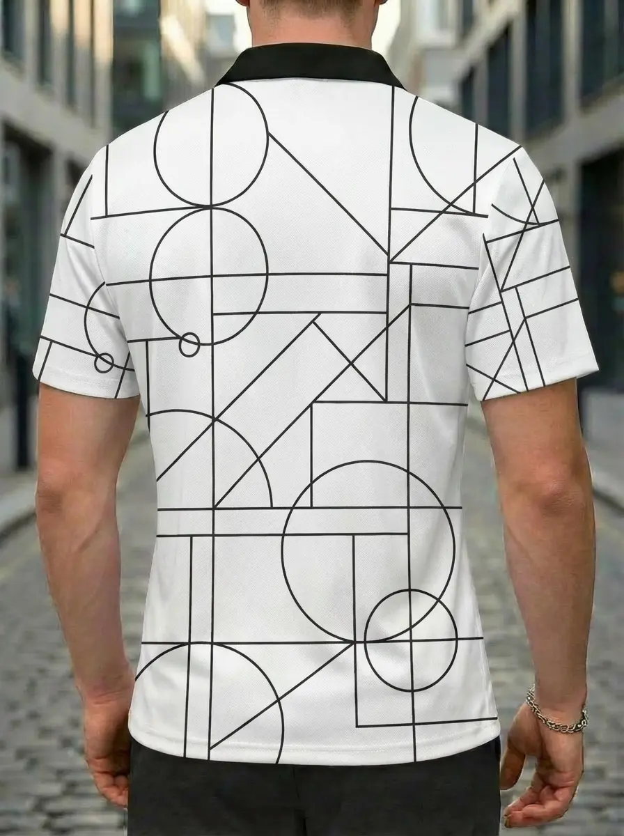 Moisture-wicking Black White Geometric Line Button Short Sleeve Golf Polo Shirt